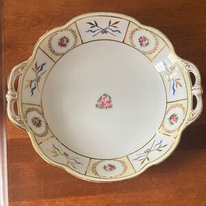 Vintage Nippon roses ribbons gold hand painted 9” serving bowl w handles